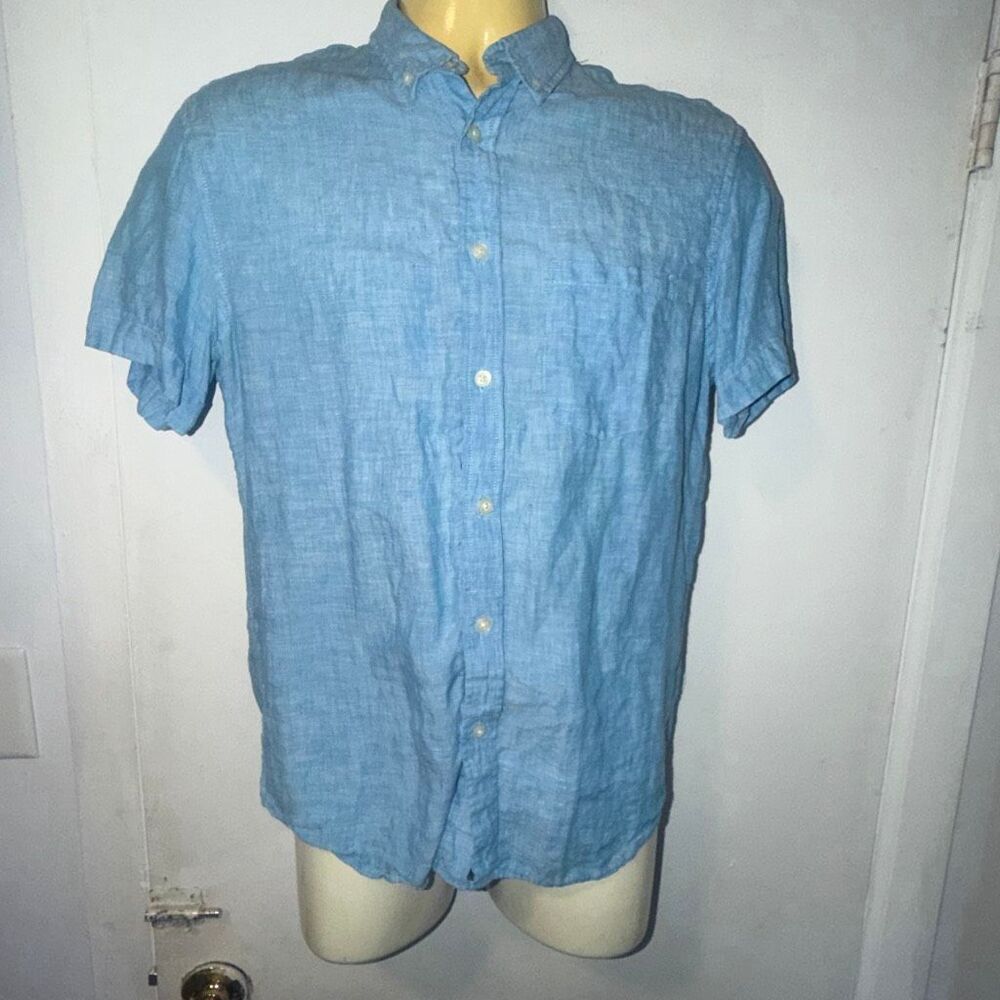 BANANA REPUBLIC 100% Linen Blue Camden Fit Button Down Short Sleeve Shirt-S